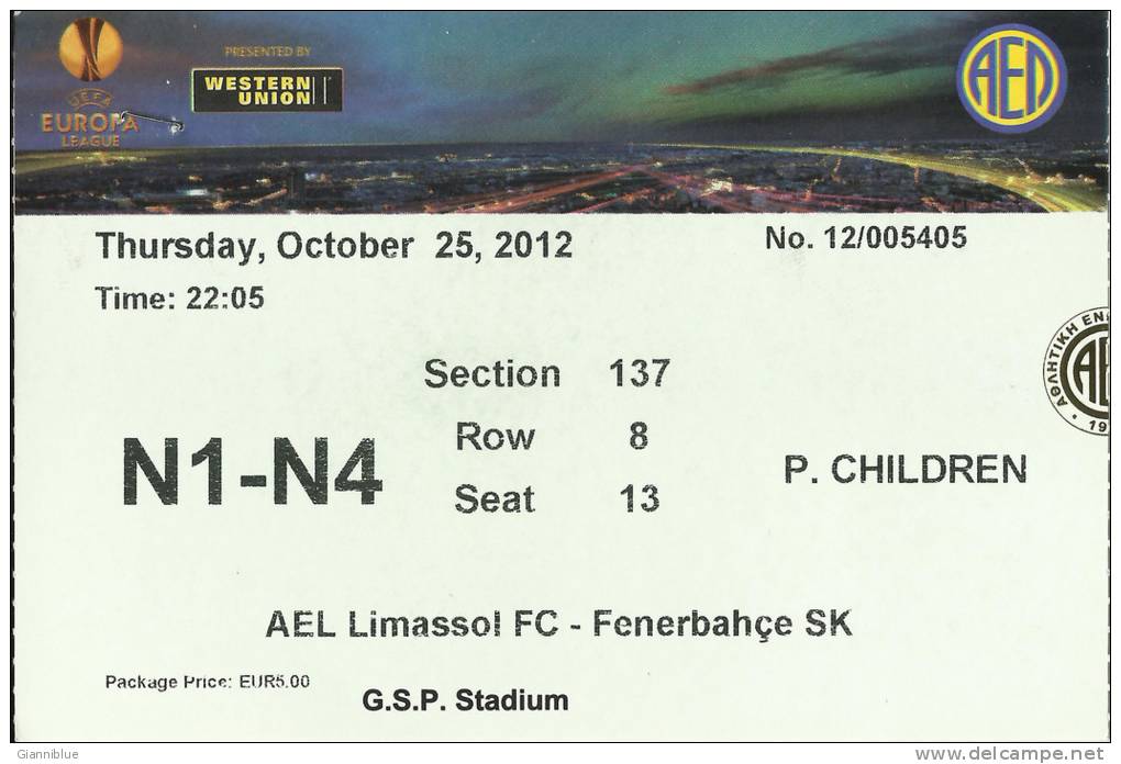 AEL Limassol-Fenerbahce Europa League Football Match Ticket - Eintrittskarten