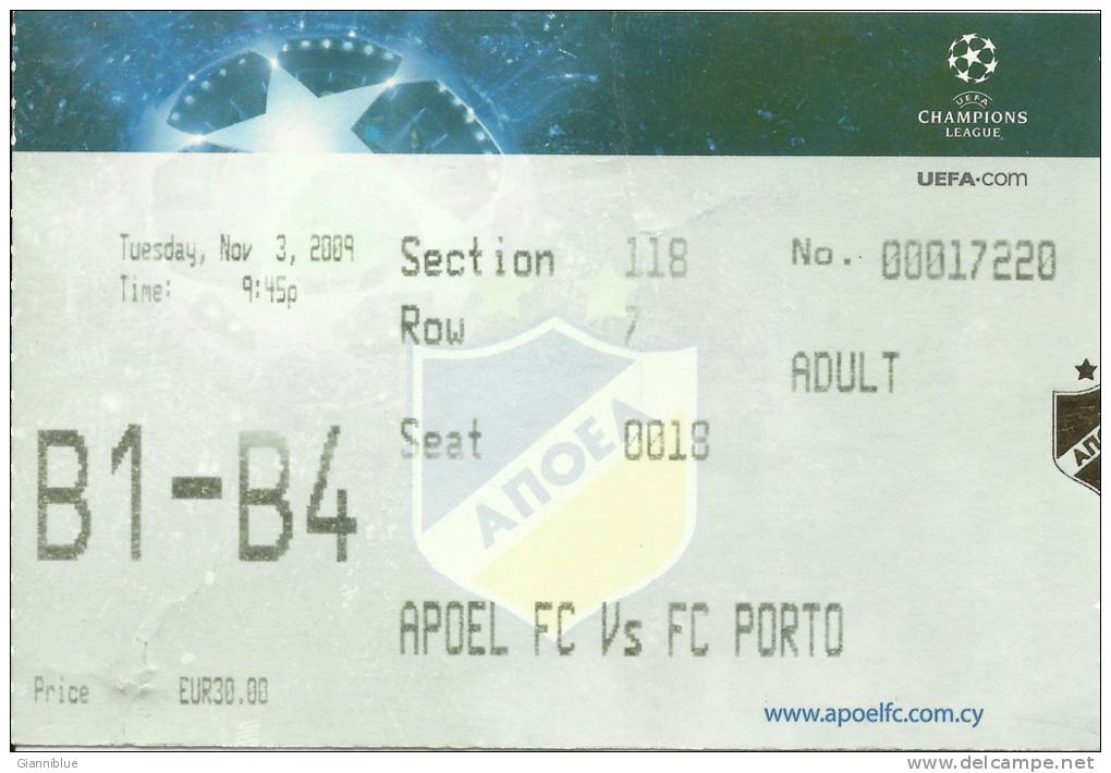 APOEL-Porto UEFA Champions League Football Match Ticket/stub - Tickets D'entrée
