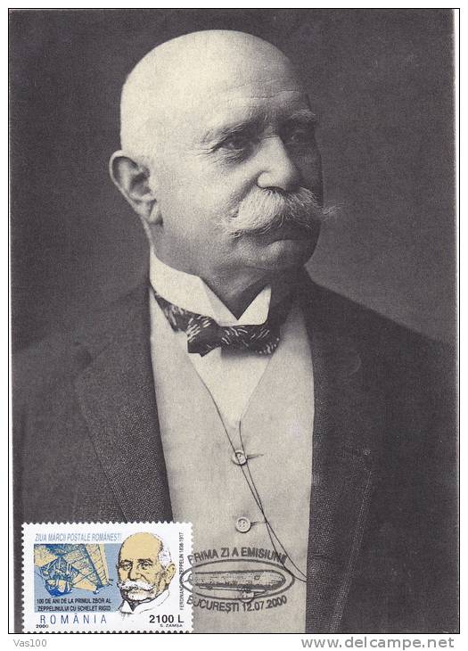 FERDINAND VON ZEPPELIN 1938-1917,CM,CARTES MAXIMUM, MAXICARD,2000,ROMANIA - Zeppelins