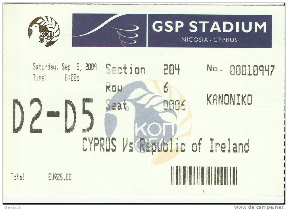 Cyprus-Republic Of Ireland FIFA World Cup Qualifying Round Football Match Ticket/stub - Tickets - Entradas