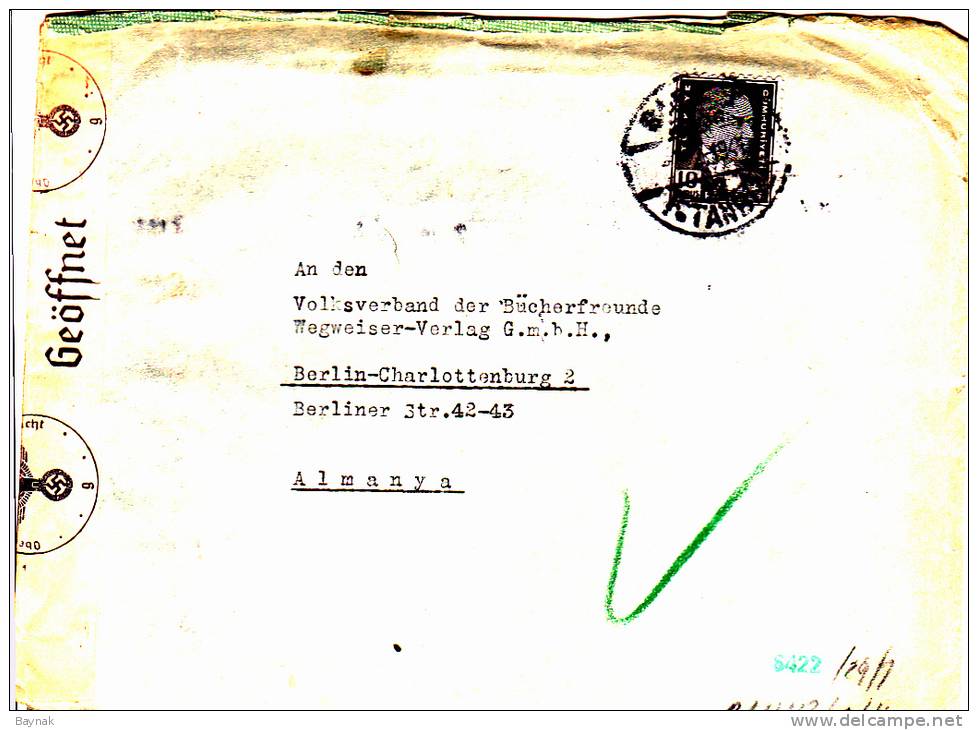 LETTRE  --  DEUTSCHE ORIENTBANK, ISTANBUL, TO ALMANYA  -  WEHRMACHT CENSUR  -  OKW ( OBERKOMMANDO WEHRMACHT ) - Storia Postale