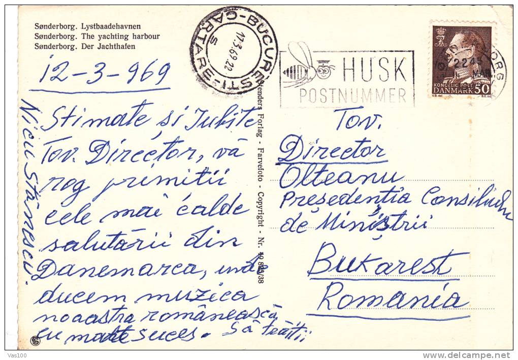 VERY RARE POSTMARK ON PC,HUSK POSTNUMMER,BEE,1969,DANEMARK - Api