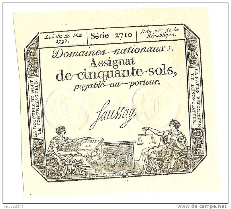 Assignats) NEUF - Domaines Nationaux De Cinquante Sols - Du 23 Mai 1793 - Serie 2710 - L´an II  - Signature : FAUSSAY - Assignats