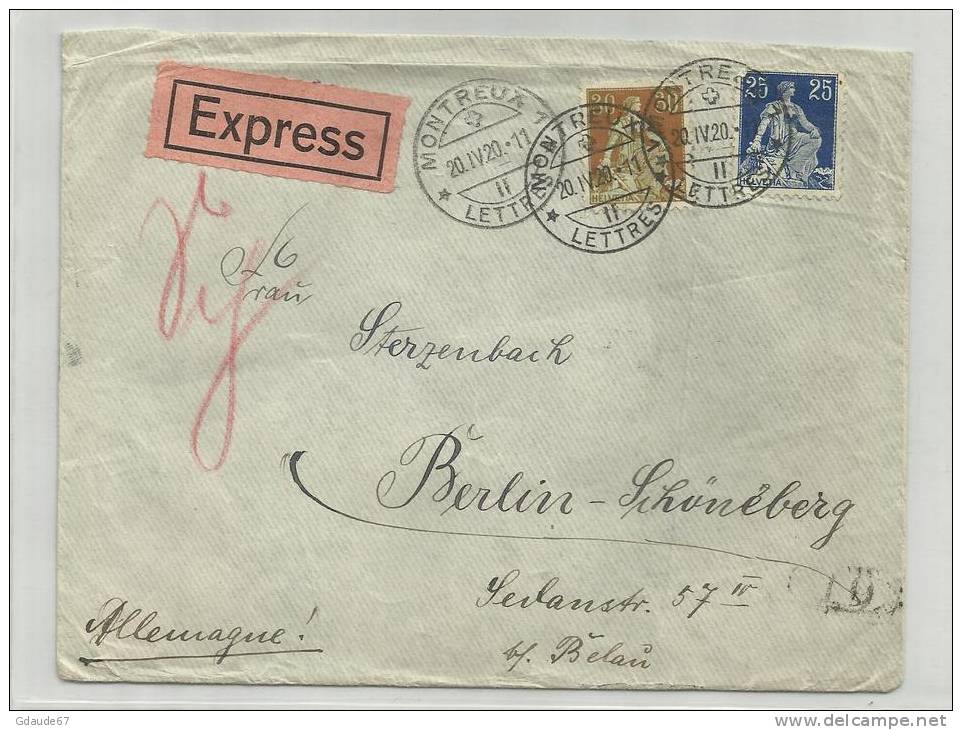 1920 - ENVELOPPE EXPRESS De MONTREUX (VAUD) Pour BERLIN SCHÖNEBERG (ALLEMAGNE) - Briefe U. Dokumente