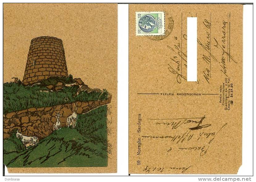 Nuraghe (Sardegna). Cartolina In Sughero Viaggiata 1979 (Renato Mattu Circonvallazione Quadrifoglio Pirri Cagliari Capre - Altri & Non Classificati