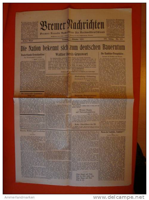 Bremer Nachrichten, 1.10.1933, Die Nation Bekennt Sich Zum Deutschen Bauerntum - Sonstige & Ohne Zuordnung