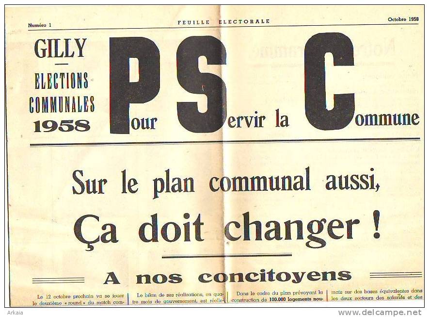 Journal = Elections Communales De 1958 - Feuille électorale De Gilly N° 1 Du P.S.C. - 1950 à Nos Jours