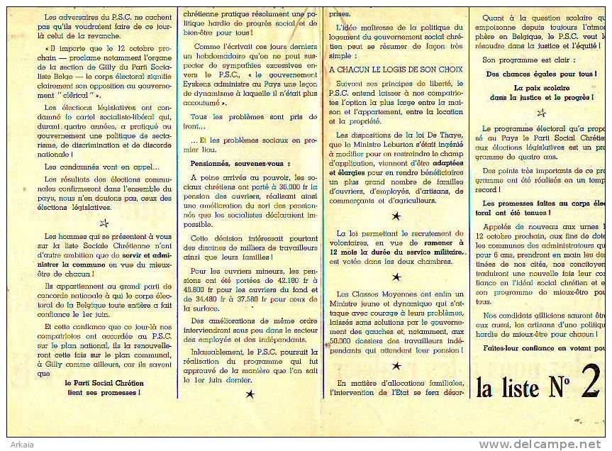 Journal = Elections Communales De 1958 - Feuille électorale De Gilly N° 1 Du P.S.C. - 1950 - Nu