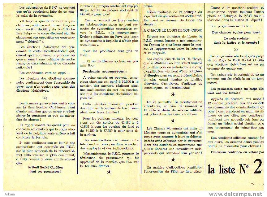 Journal = Elections Communales De 1958 - Feuille électorale De Gilly N° 1 Du P.S.C. - 1950 à Nos Jours