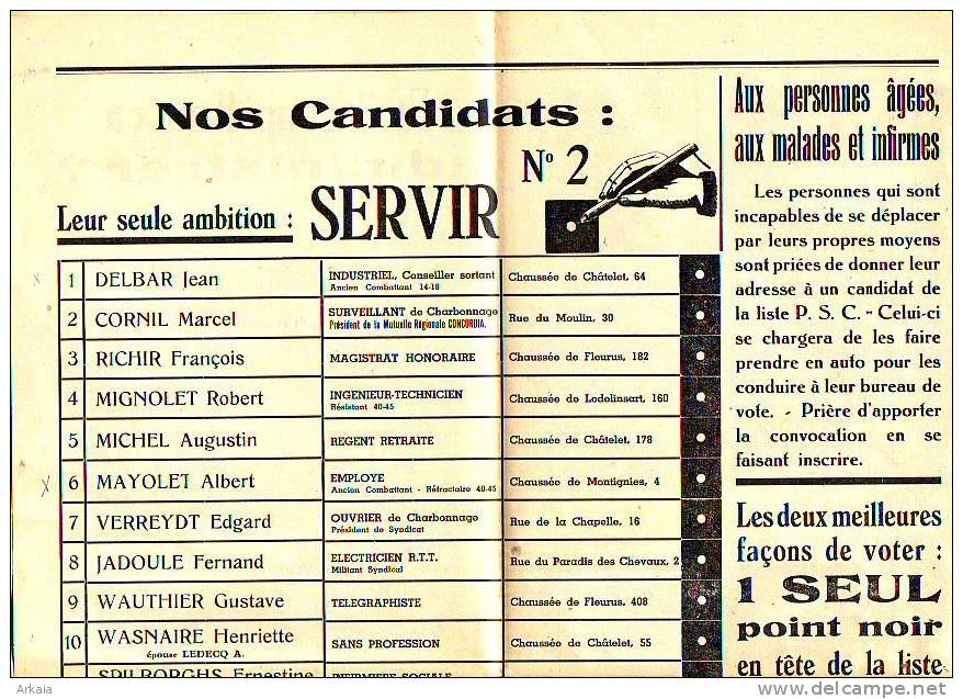 Journal = Elections Communales de 1958 - feuille électorale de Gilly n° 1 du P.S.C.