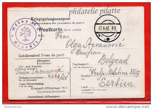 ALLEMAGNE CARTE CAMP DE PRISONNIER OFLAG VI DU 27/04/1942 POUR LA SERBIE - Briefe U. Dokumente