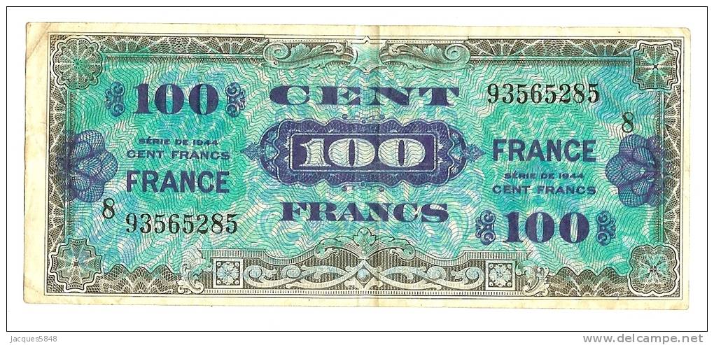 Billets) 100 FRS  France -  1945  -  Serie 8  - N° 93565285   (  3  épinglages  + Plis ) - 1945 Verso Francia