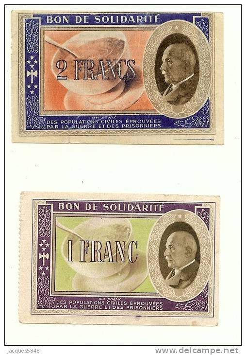 Billets) 2 Bons De Solidarite - SUP - Gouvernement De Vichy - 1 Et 2 Frs Petain - Petite Coupe Au Bas Du 2 Frs - Other & Unclassified