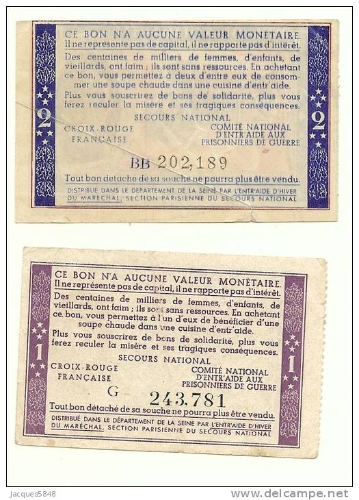 Billets) 2 Bons De Solidarite - SUP - Gouvernement De Vichy - 1 Et 2 Frs Petain - Petite Coupe Au Bas Du 2 Frs - Other & Unclassified