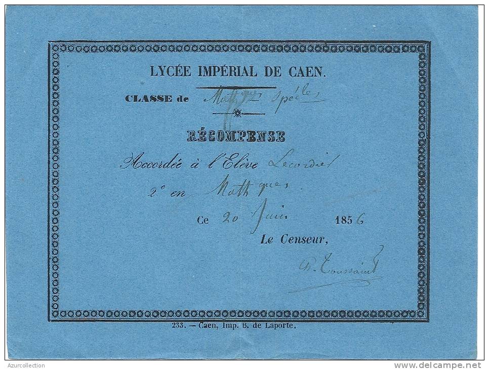 LYCEE IMPERIAL CAEN . RECOMPENSE - Diploma & School Reports