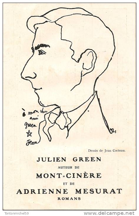 C.P. DESSIN DE JEAN COCTEAU DE JULIEN GREEN AUTEUR DE MONT CINERE ET DE ADRIENNE MESURAT - Cocteau