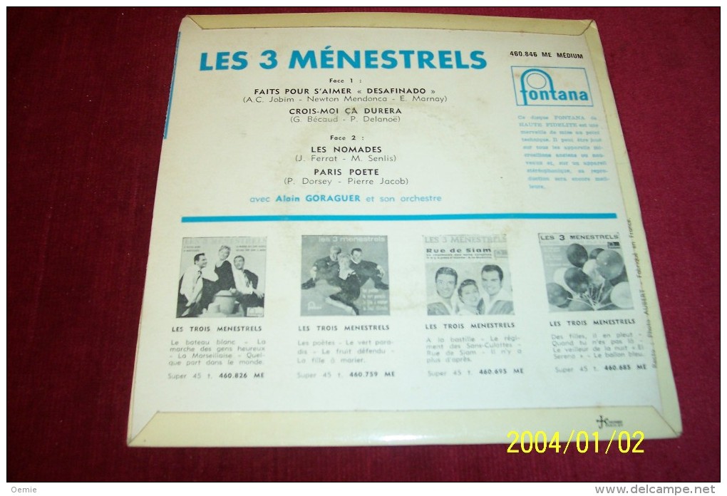 LES 3 MENESTRELS  °  COLLECTION DE 4 / 45 TOURS  DONT 2 AVEC AUTOGRAPHE