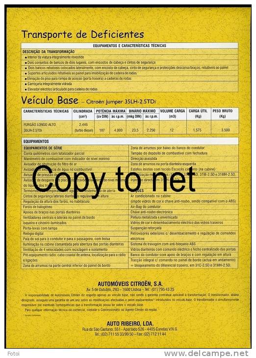 PORTUGUESE EDITION CITROEN JUMPER DISABLED VAN SINGLE PAGE CATALOGUE CAR VOITURE EDITION PORTUGAISE - Cars