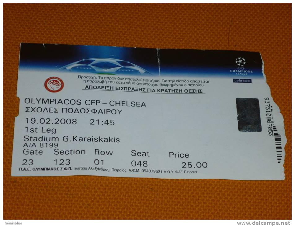 Olympiakos-Chelsea UEFA Champions League Football Match Ticket - Match Tickets