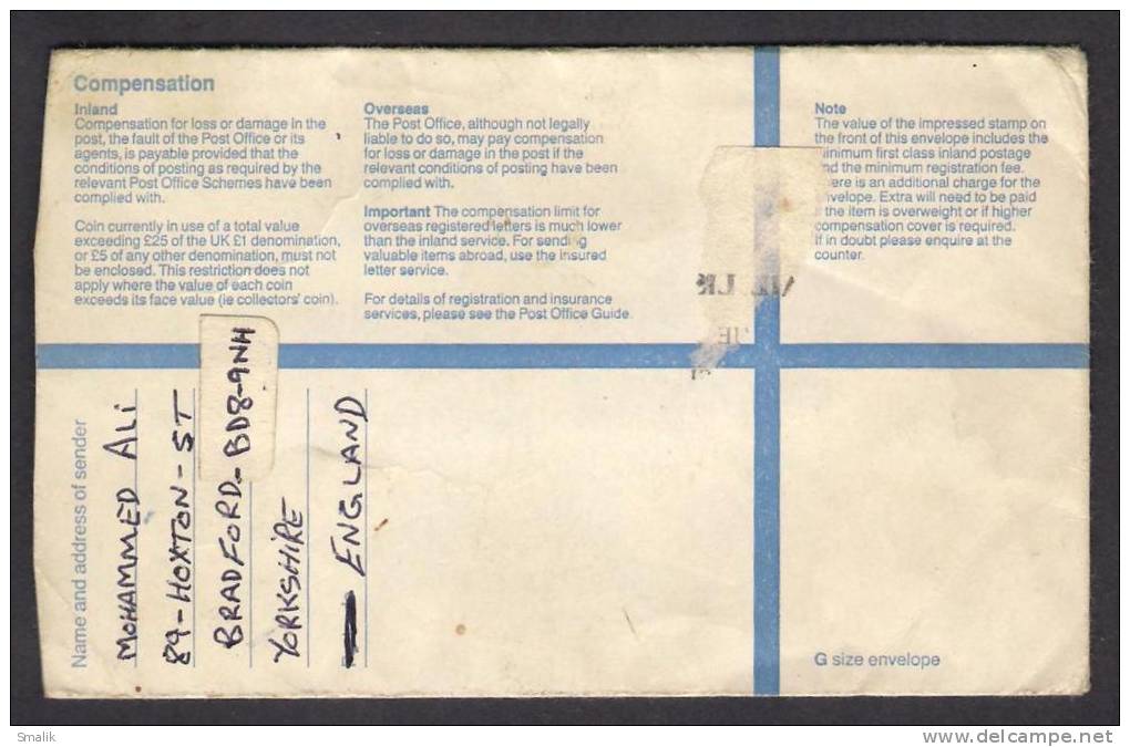Great Britain UK GB Stationery 1.27 Pound Small Registered Letter From BRADFORD - Stamped Stationery, Airletters & Aerogrammes