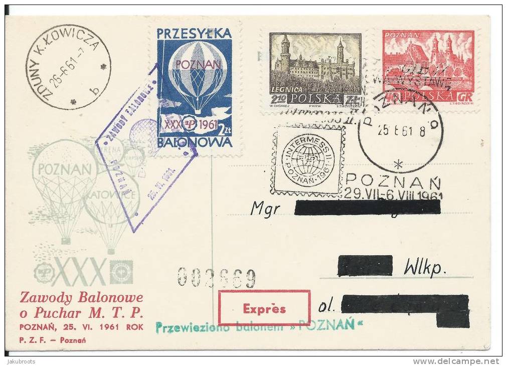 1961. REG. CARD BALLOON  COMPETITION FLIGHT ON BALON  " POZNAN " - Ballonpost