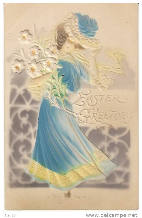 Easter Greetings, Beautiful Woman Dress Fashion, C1900s Vintage Embossed Postcard - Pasqua