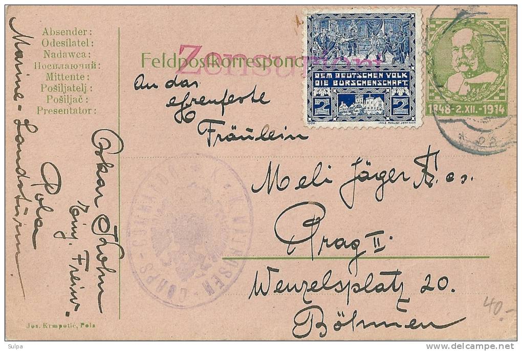 Kaiser Franz Josef 2. XII. 14 Mit Gestempelte Vignette Auf Feldpostganzsache. Zensur K.u.K Matrosen - WW1