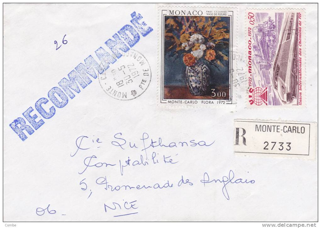 MONACO MARCOPHILIE, Lettre RECOMMANDE Cachet 1972 MONTE-CARLO Pour NICE,Vase Avec Fleurs/1705 - Other & Unclassified