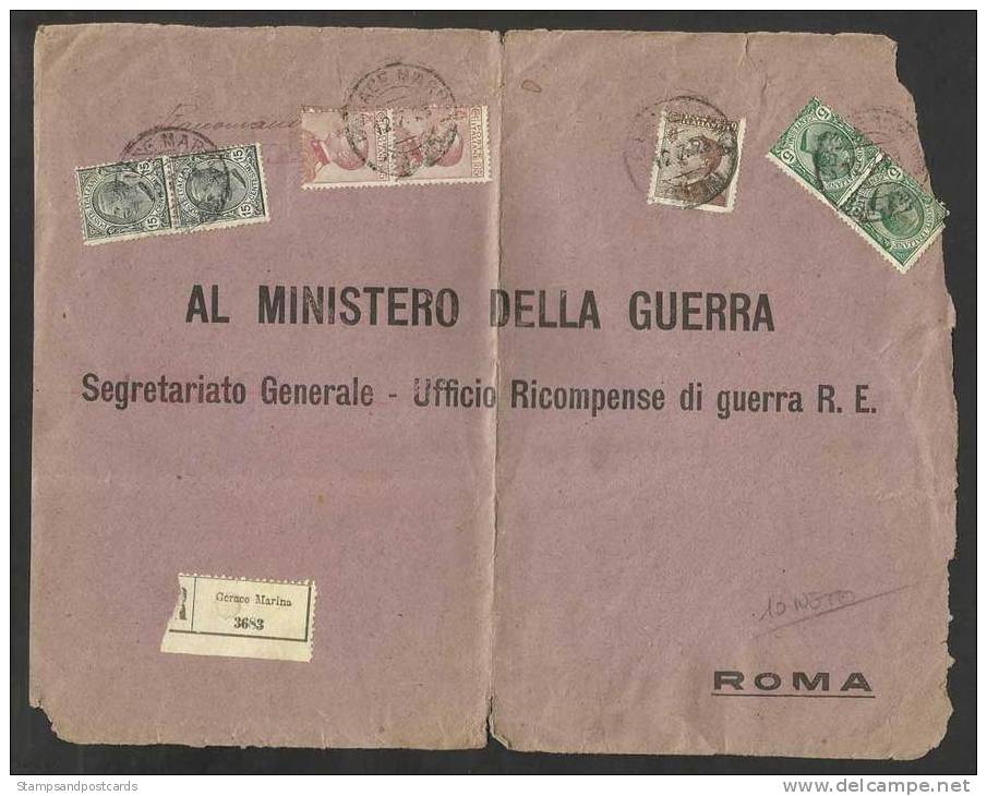 Italy Italia Victorio Emanuelle 85 C X 2 On Registered Gerace Marina Front Only 1923 War Office Ministero Della Guera - Assurés