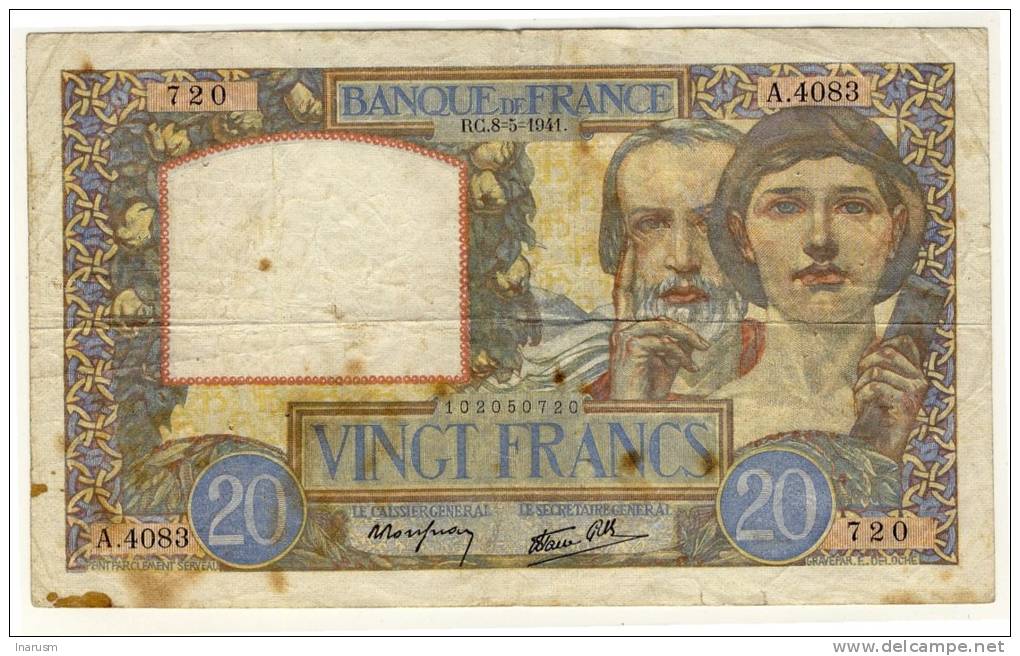 20  FRANCS  -  Type Sciences Et Travail  -  08/05/1941  -  Fayette N° 12-14 - 20 F 1939-1942 ''Science Et Travail''