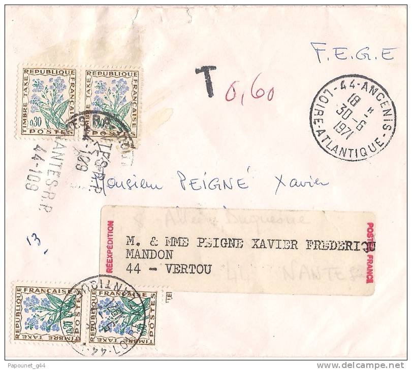 Lettre Ancenis 1971 Taxée 0,30 X 4 ( Griffe Nantes - R . P. 44-109 ) Pour Vertou - 1960-.... Brieven & Documenten