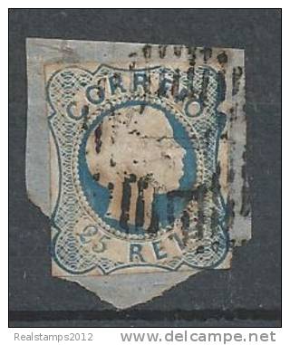 PORTUGAL - 1855-1856,  D. Pedro V. Cabelos Lisos.  25 R.   Tipo II, Az. Claro (sobre Fragmento)   (o)  MUNDIFIL  Nº 7 - Used Stamps