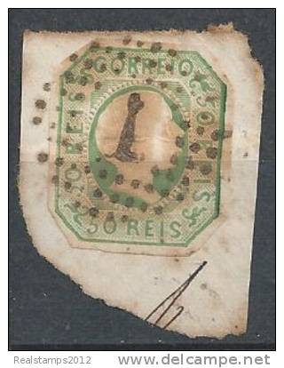 PORTUGAL - 1855-1856,  D. Pedro V. Cabelos Lisos.  50 R.   Verde Amarelo (sobre Fragmento)   (o) MUNDIFIL  Nº 8 - Oblitérés