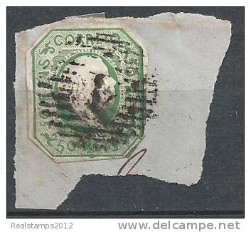 PORTUGAL - 1855-1856,  D. Pedro V. Cabelos Lisos.  50 R.   Verde Azul (sobre Fragmento)   (o)  MUNDIFIL  Nº 8a - Used Stamps