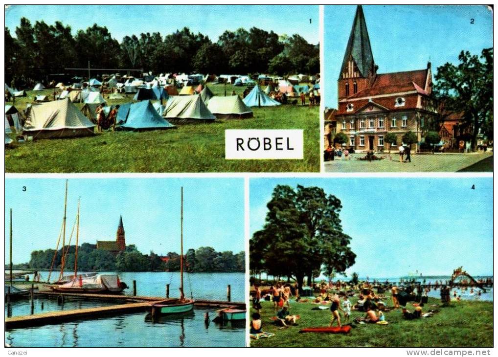 AK Röbel: Zeltplatz, Rathaus, Badeanstalt, Gel, 1970 - Röbel
