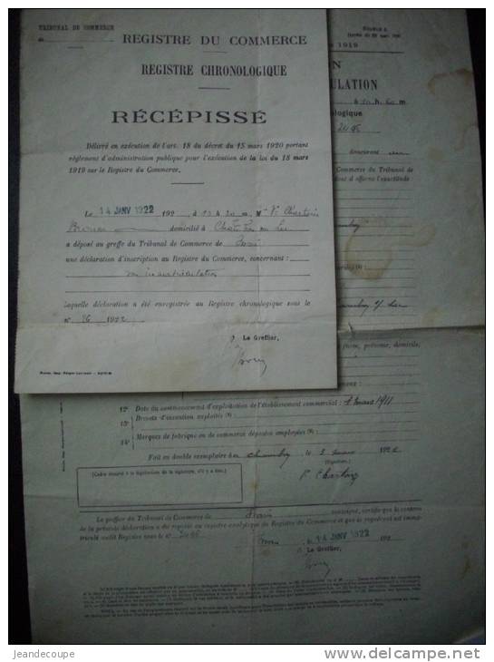 - Tribunal De Commerce - Déclaration D' Immatriculation - Issoire - Chambon Sur Lac - Chartoire - 1922  - - Documents Historiques