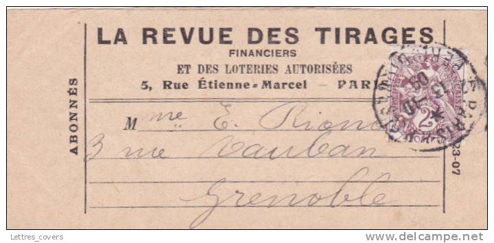 1909 BLANC N°108 2c  Obl "PARIS 42 PERIODIQUES 42 " SEUL Sur Bande De Journal  LA REVUE ... FINANCIERS ET LOTERIES - 1877-1920: Semi Modern Period