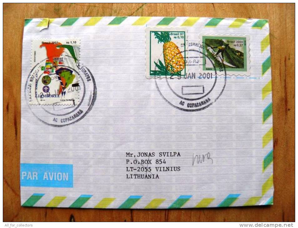 Cover Sent From Brazil To Lithuania, Map Flags Pan American Jamboree Surfing - Storia Postale