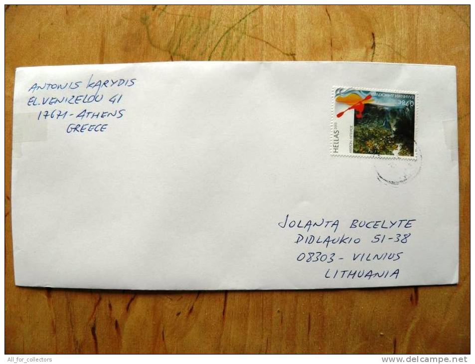 Cover Sent From Greece To Lithuania, Canoe  Boat River Landscape - Storia Postale