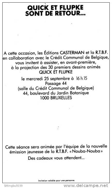 TINTIN. QUICK ET FLUPKE SONT DE RETOUR. Hergé. 1985. INVITATION AVANT 1ère PROJECTION DES 30 PREMIERS DESSINS ANIMES. - Tintin
