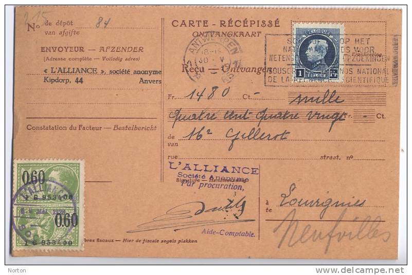 Belgique : 215 Sur Carte Récépissé Antwerpen 1928 - 1921-1925 Petit Montenez