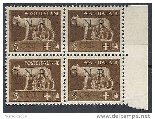 1944 RSI GNR BRESCIA I TIPO 5 CENT MNH ** QUARTINA VARIETà - RSI152-3 - Nuovi