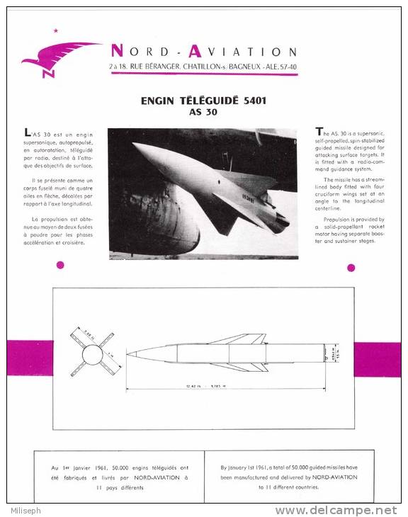 NORD-AVIATION - Notice Technique - Engin Téléguidé Supersonique 5401 AS 30 - 1961   (2845) - Luchtvaart