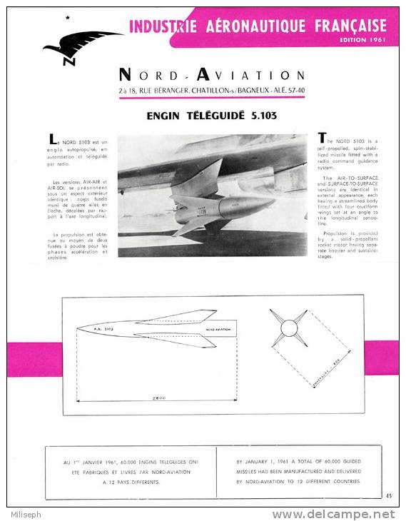 NORD-AVIATION - Notice Technique - Engin Téléguidé 5.103 - 1961     (2846) - Aviation