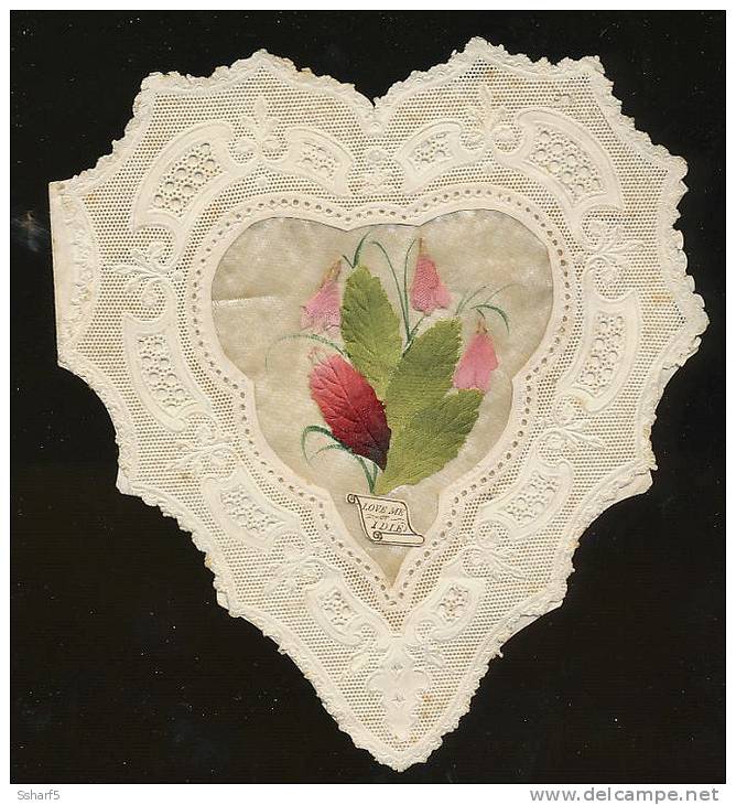 LOVE ME Or I DIE ! Padded Heart Flowers Made Of Cloth SILK / LACE  (2 Scans) 1870'es - Sonstige & Ohne Zuordnung