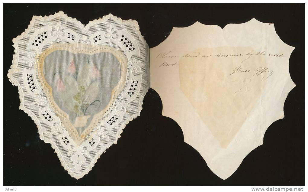 LOVE ME Or I DIE ! Padded Heart Flowers Made Of Cloth SILK / LACE  (2 Scans) 1870'es - Sonstige & Ohne Zuordnung