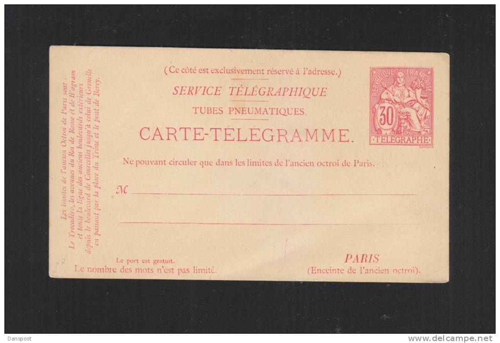 Carte Telegraphique 30 Centimes - Pneumatiques