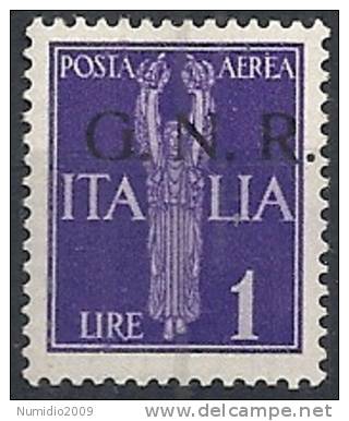 1944 RSI GNR BRESCIA I TIRATURA POSTA AEREA 1 LIRA MNH ** VARIETà - RSI136 - Airmail