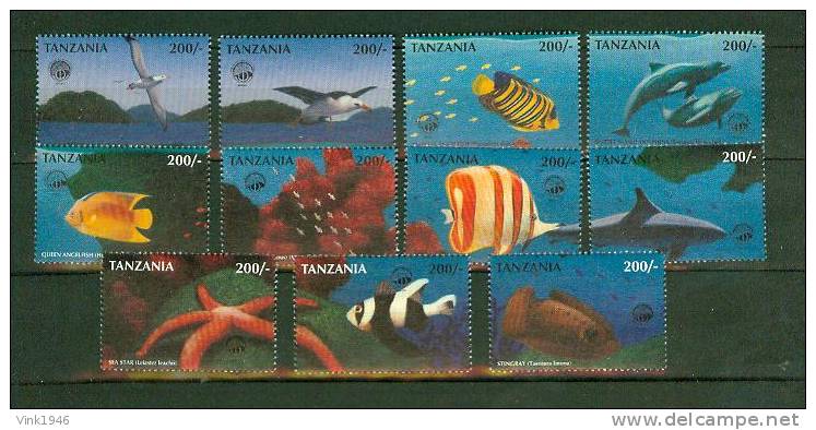 Tanzania 1998.11V,part Set,fish,vissen,poissons,fische,peche,sea Star,shark,dolphins,birds,vogels,MNH/P O Stfris(D1470) - Vissen