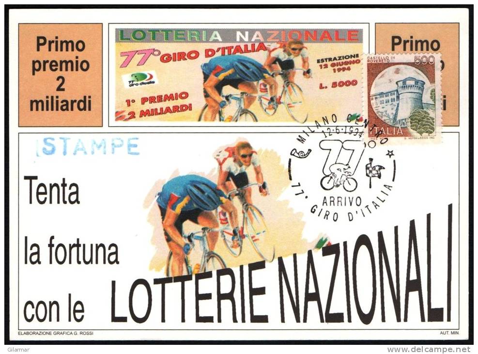 CYCLING - ITALIA MILANO 1994 - 77° GIRO D'ITALIA - ARRIVO - CARTOLINA LOTTERIA NAZIONALE - Ciclismo